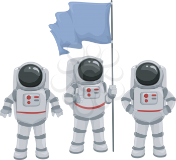 Illustration of a Team of Astronauts Huddled Under a Blank Flag