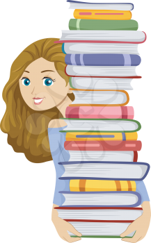 Illustration of a Girl Carrying a Tall Stack of Books