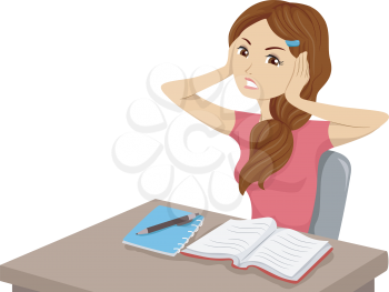 Illustration of a Girl Having Trouble Studying Because of Unwanted Noises