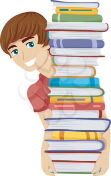 Illustration of a Guy Carrying a Tall Stack of Books