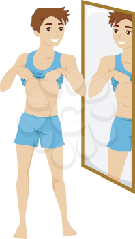 Illustration of a Guy Checking His Abs in the Mirror