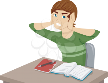 Illustration of a Guy Having Trouble Studying Because of Unwanted Noises