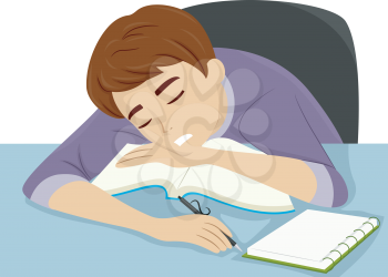 Illustration of a Guy Dozing Off to Sleep While Studying