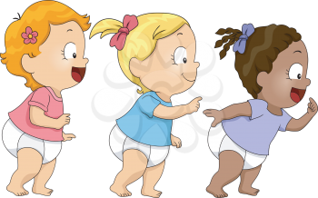 Illustration of Baby Girls Walking Towards the Right Side of the Screen