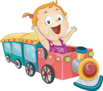 Illustration of a Baby Girl Riding a Toy Train