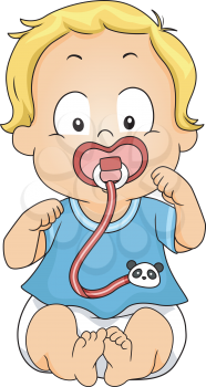 Illustration of a Baby Boy Sucking on a Pacifier Attached to a Clip