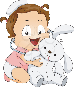 Illustration of a Little Girl Trying to Treat Her Stuffed Bunny