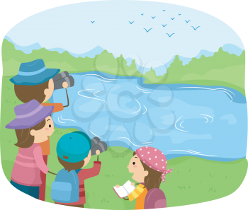 Illustration of a Group of Kids Watching Birds Near a Lake
