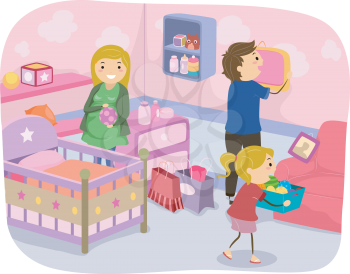 Illustration of a Family Decorating the Nursery Room Together