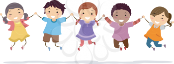 Illustration of Kids Holding Hands While Doing a Jump Shot