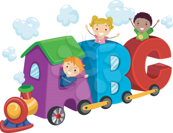 Illustration of Kids Riding in Train Coaches Shaped Like Letters of the Alphabet
