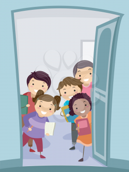 Illustration of a Group of Kids Carrying Notebooks Welcoming the New Arrivals at the Door
