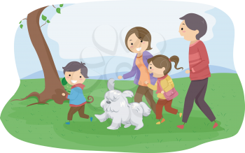 Illustration of a Family Taking Their Dog for a Walk in the Park