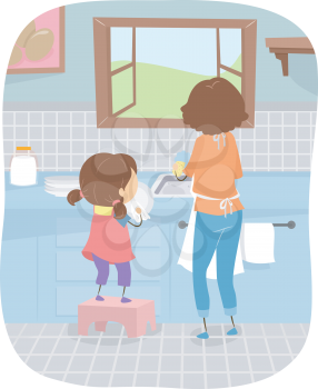 Illustration of a Little Girl Helping Her Mom Wash the Dishes
