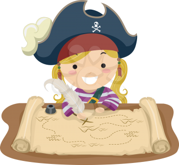 Illustration of a Little Girl Dressed in a Pirate Costume Looking at a Map