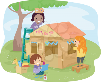 Illustration of Little Girls Building a Playhouse Made of Carton