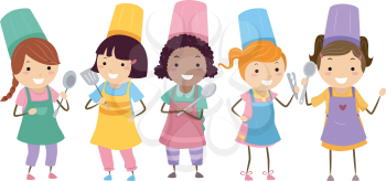 Illustration of Kids Wearing Colorful Toques and Aprons Attending a Cooking Class