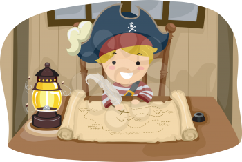 Illustration of a Little Boy Dressed in a Pirate Costume Looking at a Map