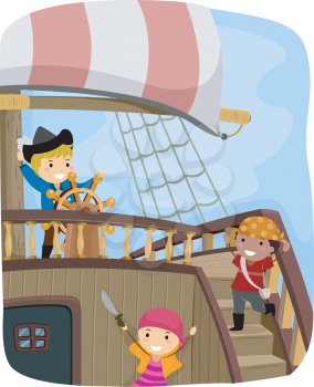 Illustration of Kids Dressed in Pirate Costumes Playing on the Ship Deck