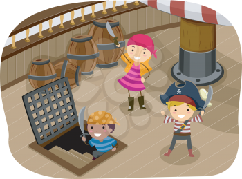 Illustration of Kids Dressed in Pirate Gear Playing on the Ship Deck