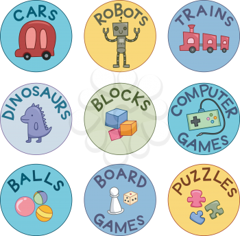 Illustration of Ready to Print Labels with Toy and Game-Related Text