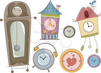 Illustration Featuring Colorful Clocks with Different Designs