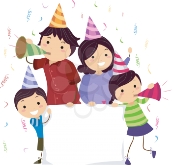 Banner Illustration of a Stickman Family Wearing Party Hats and Blowing Noisemakers