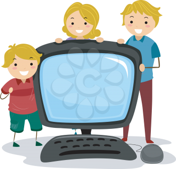 Illustration of a Stickman Family Posing with a Giant Desktop Computer