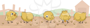 Illustration of Cute Little Chicks Feeding on Corn Kernels