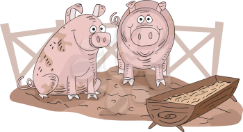 Illustration of a Pair of Muddy Pigs Inside a Pigpen
