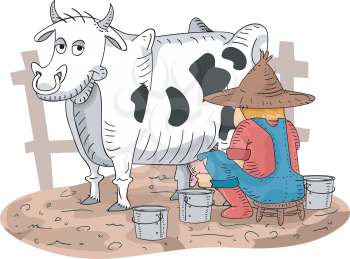 Illustration of a Farmer Milking His Cow