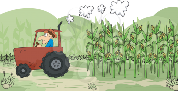 Illustration of a Farmer Using a Tractor to Harvest Corn