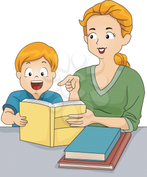 Illustration of a Caucasian Mother Helping Her Son with His Homework