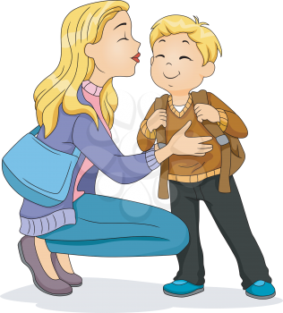 Illustration of a Caucasian Mother Planting a Kiss on Her Son's Cheek