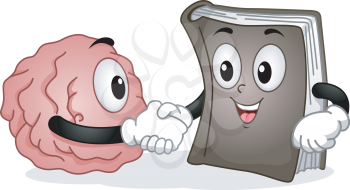 Mascot Illustration Featuring a Book and the Brain Shaking Hands