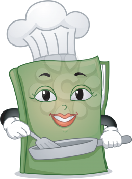 Mascot Illustration Featuring a Toque-Wearing Cookbook Holding a Frying Pan