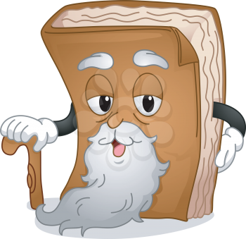 Mascot Illustration Featuring a Wrinkled and Bearded Book Holding a Cane