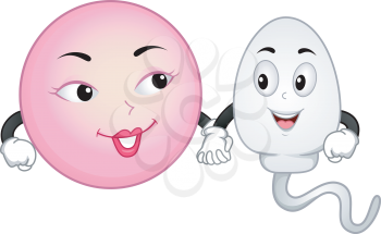 Mascot Illustration Featuring an Egg and Sperm Cell Holding Hands