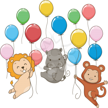 Illustration of Cute Jungle Animals Holding on To Colorful Balloons