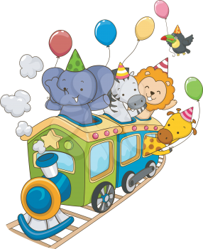 Illustration of Jungle Animals Holding Party Balloons Riding a Locomotive Train