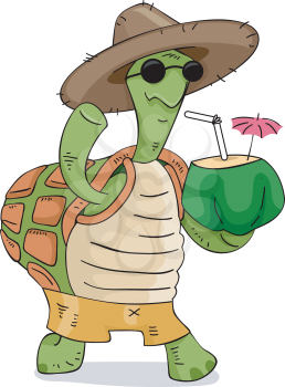 Illustration of a Turtle Wearing a Straw Hat Carrying a Coconut Drink