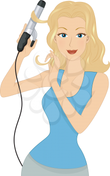Illustration of a Woman Using Curling Iron to Style Her Hair