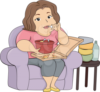 Illustration of an Overweight Girl Eating Pizza and Chicken