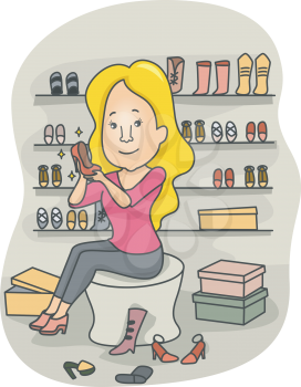 Illustration of a Woman in a Boutique Trying Different Types of Shoes