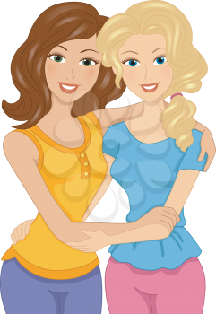 Illustration of Female Friends with Their Arms Wrapped Around Each Other