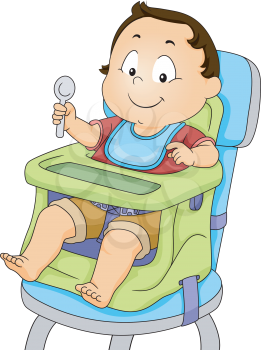 Illustration of a Baby Boy Strapped to a Booster Seat