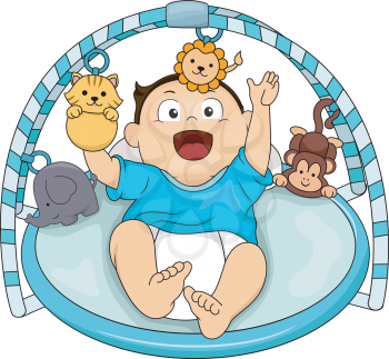 Illustration of a Happy Baby Boy Playing with the Toys Attached to His Musical Gym
