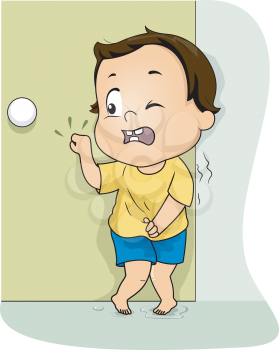 Illustration of a Little Boy Frantically Knocking on the Restroom Door to Pee
