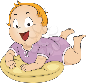 Illustration of a Happy Baby Boy Propped Up by a Pillow