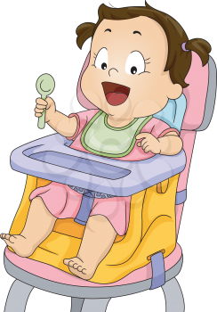 Illustration of a Smiling Baby Girl Strapped to a Booster Seat
